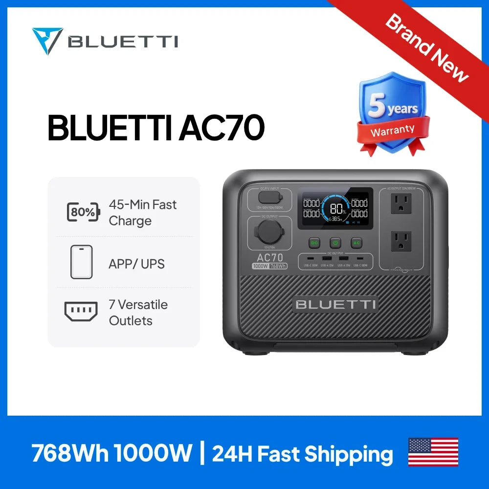 BLUETTI AC70 Portable Power Station | 1000W 768Wh, Generator for Road Trip, Off- - VOLTMAN